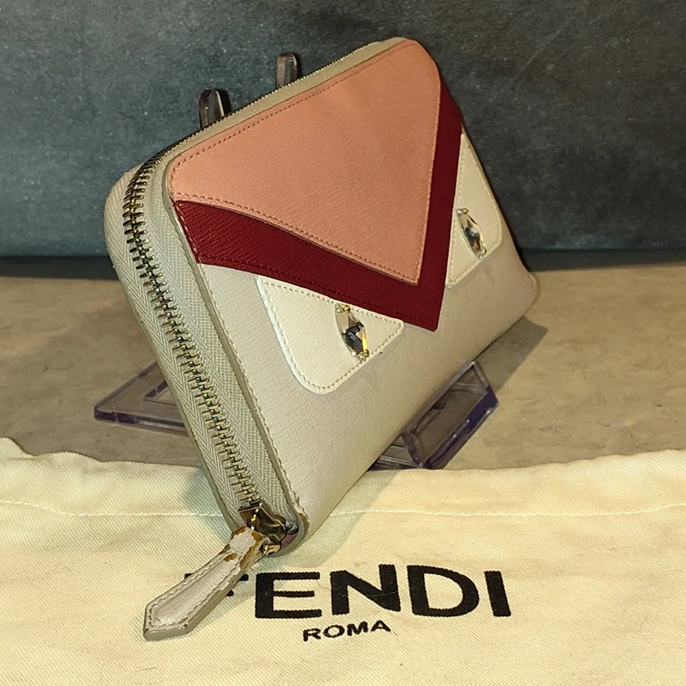 FENDI VITELLO ELITE CRYSTAL EYE  COLORBLOCK MONSTER ZIPPY LONG Wallet & DUSTBAG